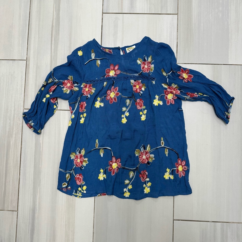 Fig and Flower Anthropologie Women Small Floral Embroidered Puff Sleeve Top Blue